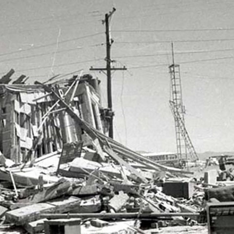 image showing Stainless tower still standing after atomic blast